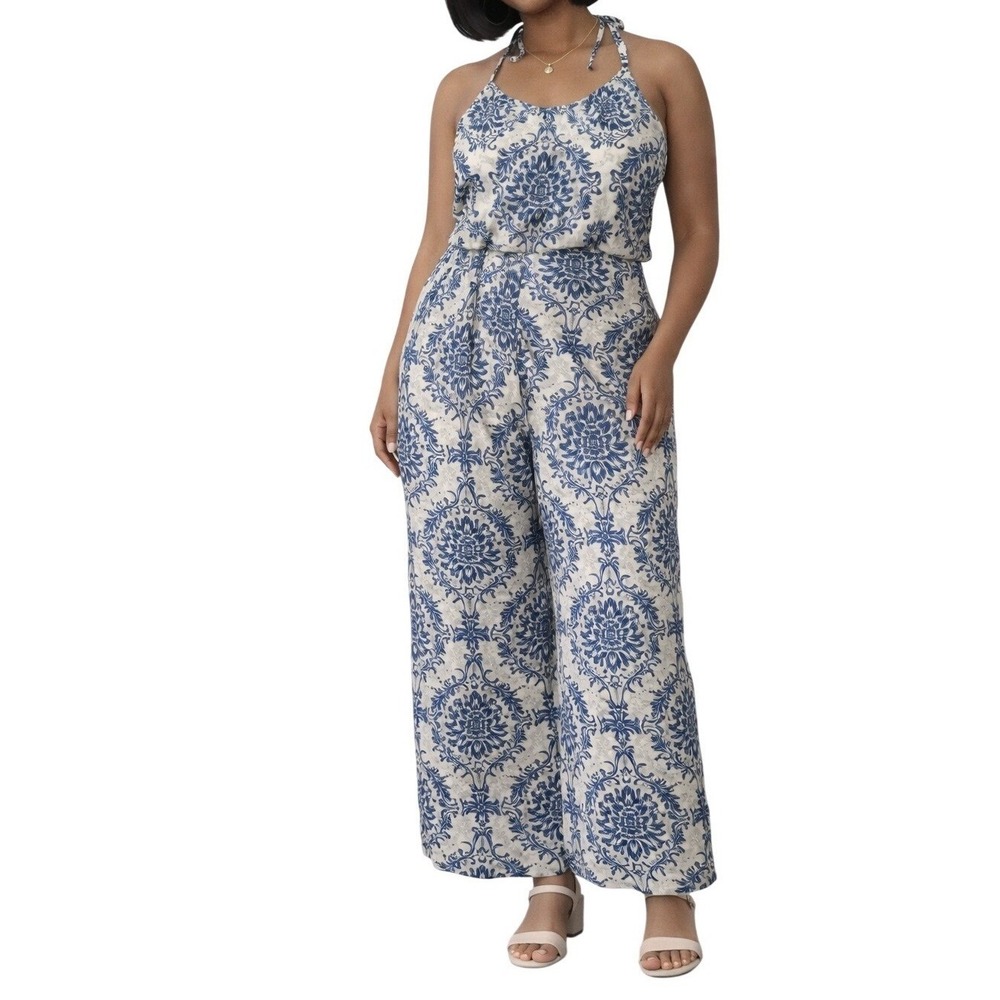 Shein Curve Blue Cream Damask Print Wide Leg Halter Jumpsuit 3XL